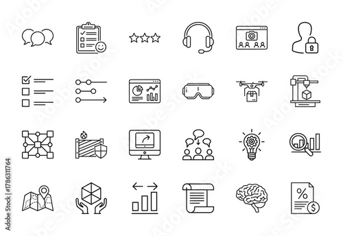 Business and technology line icon set. Vector pictograms of chat bubbles, data charts, security lock, VR goggles, drone, 3D printer, blockchain, and lightbulb, thin linear illustration.