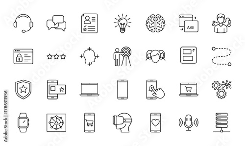 Digital business and technology line icon set. Vector pictograms of customer support, market analysis, A/B testing, e-commerce, mobile devices, and data management, thin linear illustration.