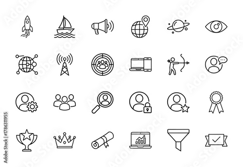 Business and marketing line icon set. Vector pictograms of rocket, megaphone, globe, network, devices, users, award, trophy, and chart, thin linear illustration.