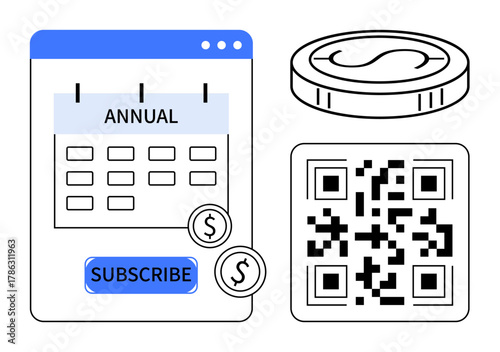 Calendar marked for annual subscription, payment coins, and QR code for digital transactions. Ideal for finance, subscriptions, payments, e-commerce, savings, digital tools simple flat metaphor