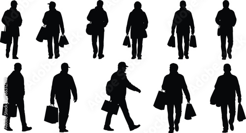 Male shopper silhouettes walking with shopping bags, people carrying items, retail consumer lifestyle vector illustration, black outline design set