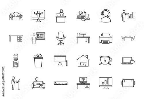 Business and office line icon set. Vector pictograms of meetings, laptops, desks, printers, chairs, charts, headsets, home offices, water coolers, thin linear illustration.
