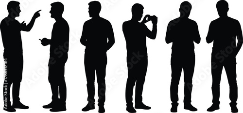 Men silhouettes standing and talking, taking photos and using smartphones, communication and technology concept, casual male figure vector illustration