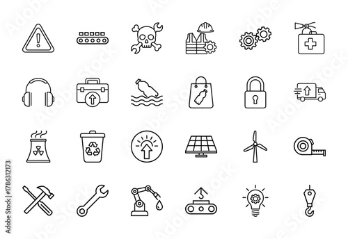 Industrial and environmental line icon set. Vector pictograms of warning, conveyor, safety, gears, first aid, panel, tools, and robot, linear illustration.
