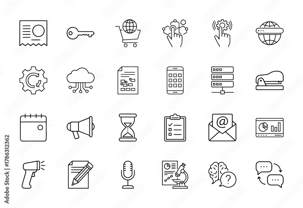 Fototapeta premium Business and technology line icon set. Vector pictograms of receipt, key, shopping, cloud, mobile, server, calendar, email, charts, and messaging, thin linear illustration.