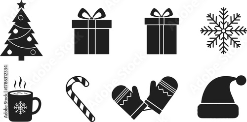 Minimalist black Christmas icons set with tree, gifts, snowflake, candy cane, mittens, hat, and hot cocoa silhouette vector design