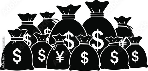 Money bag silhouette vector illustration with dollar, yen, and euro symbols, finance and wealth concept, banking savings design art