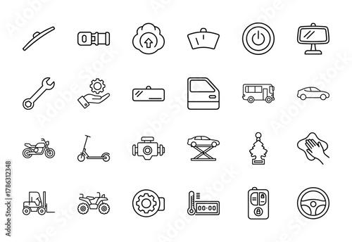Automotive line icon set. Vector pictograms of vehicles, car parts, and service elements including car, bus, motorcycle, engine, wrench, seatbelt, and steering wheel, thin linear illustration.