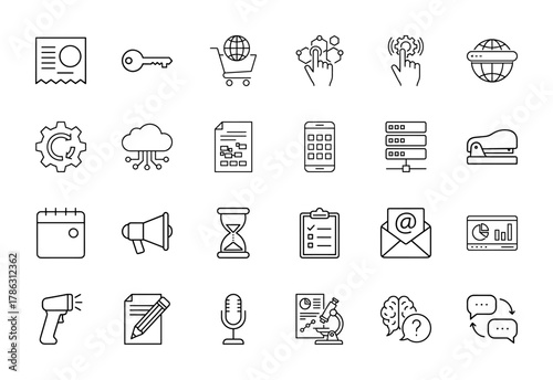 Business and technology line icon set. Vector pictograms of receipt, key, shopping, cloud, mobile, server, calendar, email, charts, and messaging, thin linear illustration.