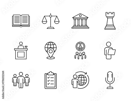 Justice and social line icon set. Vector pictograms of scales, courthouse, book, speaker, globe, peace, people, clipboard, microphone, thin linear illustration.