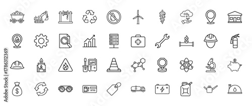 Industry, energy, and science line icon set. Vector pictograms of mining cart, excavator, wind turbine, recycling, hard hat, microscope, money bag, and fuel truck, thin linear illustration.