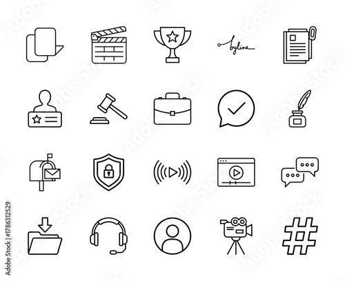 Digital services and content line icon set. Vector pictograms of documents, clapperboard, trophy, gavel, briefcase, mailbox, and video player, thin linear illustration.