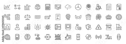 Business, finance, and technology line icon set. Vector pictograms of charts, security, data, banking, currency, blockchain, and digital services, thin linear illustration.