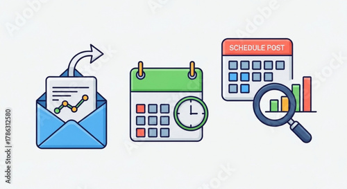 Social media marketing icons set includes email marketing, schedule post, and chart for managing social media accounts and improving online presence