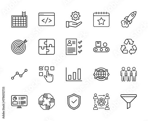 Business, development, and management line icon set. Vector pictograms of planning, coding, startup, goals, data, global network, and teamwork, thin linear illustration.