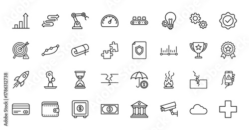 Business and industry line icon set. Vector pictograms of growth charts, robot arm, target, security, trophy, rocket, safe, bank, and surveillance, thin linear illustration.