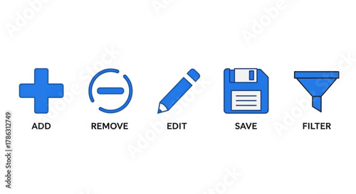 Collection of blue icons representing add, remove, edit, save, and filter functions, , perfect for web design and user interface elements