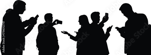 People silhouettes using smartphones and taking photos, modern communication, social media addiction, technology lifestyle concept, black vector illustration