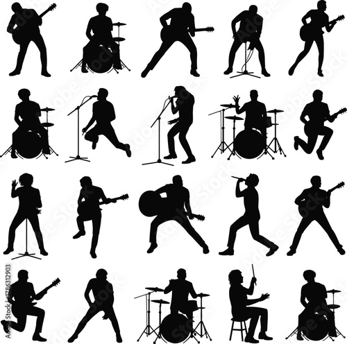 Musician performance silhouettes, rock band poses, live concert energy, black shapes, music illustration, stage action, expressive movement, instrument play, dynamic scene, entertainment vibe