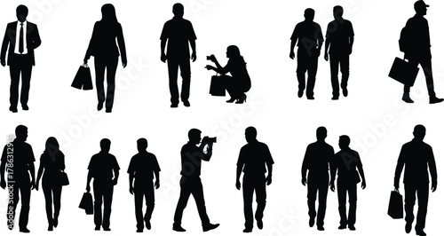 People silhouettes walking and shopping with bags, couples and individuals, lifestyle activity vector illustration, black urban human figures design