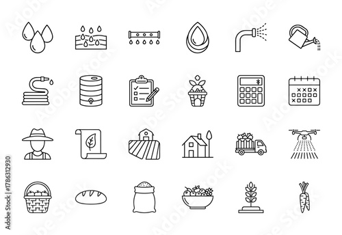 Agriculture and farming line icon set. Vector pictograms of water drops, irrigation, farmer, fields, crops, fruits, vegetables, bread, drone, and harvest, thin linear illustration.