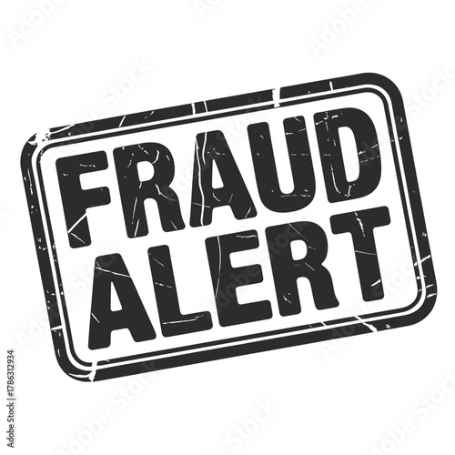 Distressed stamp reads fraud alert in bold black letters
