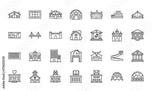 Architecture line icon set. Vector pictograms of cabin, igloo, stadium, ship, bridge, castle, hospital, courthouse, police station, stable, church, and library, thin linear illustration.