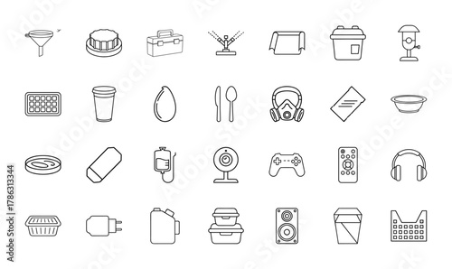 Everyday objects line icon set. Vector pictograms of funnel, toolbox, coffee cup, gas mask, webcam, game controller, headphones, and speaker, thin linear illustration.