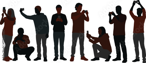 People taking photos and selfies with smartphones, modern communication and photography lifestyle concept, realistic colorful silhouette vector illustration