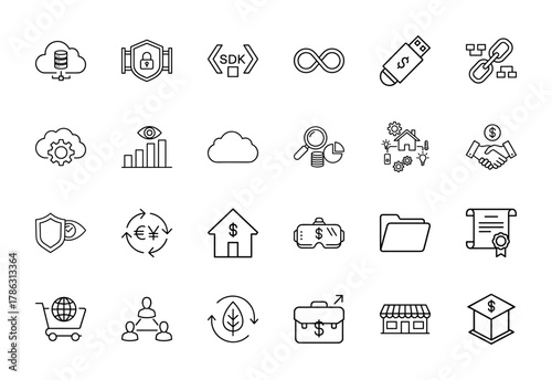 Business and technology line icon set. Vector pictograms of cloud database, security, SDK, blockchain, data analytics, smart home, and finance, thin linear illustration.