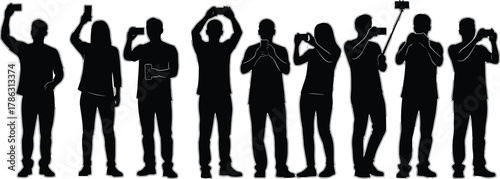 People taking selfies silhouette vector set, smartphone photography concept, mobile camera users, modern lifestyle illustration, technology and social media art