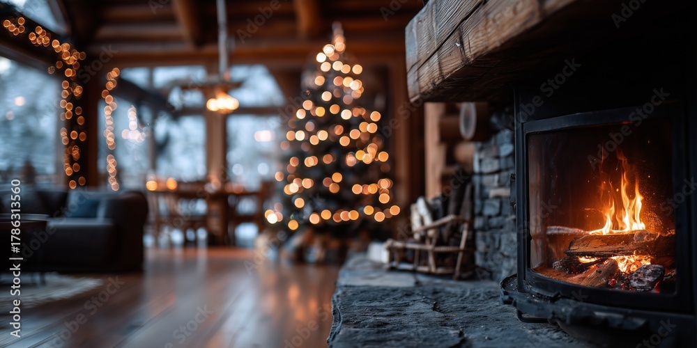 Fototapeta premium Cozy wooden cabin living room with roaring stone fireplace and bokeh-lit Christmas tree in warm glow. Rustic holiday hearth comfort, inviting festive winter sanctuary vibe.