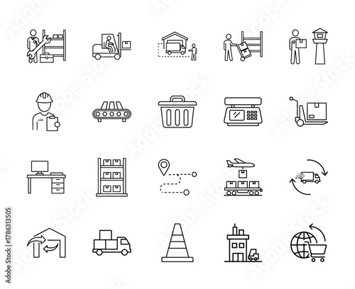 Logistics and delivery line icon set. Vector pictograms of warehouse, forklift, conveyor, shipping truck, scales, shelves, and global tracking, thin linear illustration.