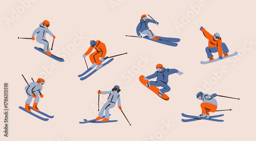 Set of Skiers, Snowboarders in motion. Sportsmen in different poses. Winter sports, extreme outdoor activity concept. Hand drawn Vector illustration. Isolated design elements