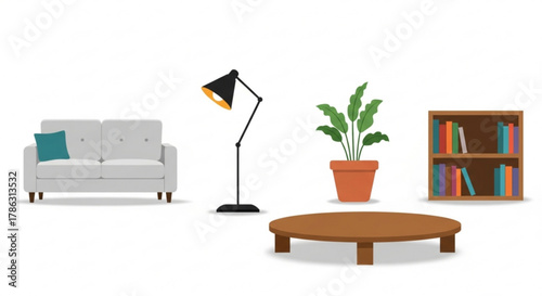 Illustration of living room furniture, including a sofa, lamp, plants, coffee table, and bookshelf for interior design concepts