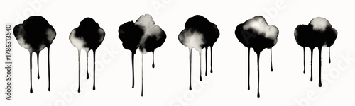 Dark black grey clouds with dripping paint. Melting cloud with drip lines. Grunge texture. Hand drawn trendy Vector illustration. Isolated design elements 