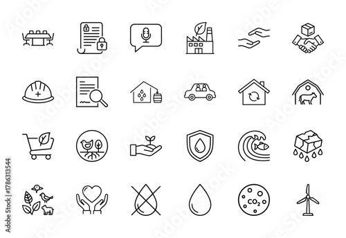 Business, ecology, and sustainability icon set. Vector pictograms of meeting table, secure document, eco factory, hard hat, water drop, and wind turbine, thin linear illustration.
