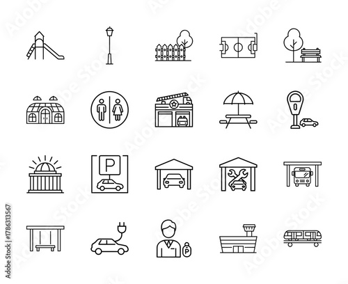 City infrastructure and public services line icon set. Vector pictograms of playgrounds, street lamps, parks, fire stations, parking, and transportation, thin linear illustration.