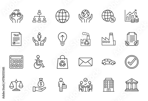 Business, finance, and social line icon set. Vector pictograms of global economy, tax, industry, calculator, money, care, and corporate buildings, thin linear illustration.