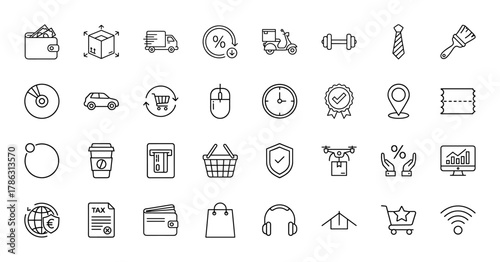 E-commerce and business line icon set. Vector pictograms of wallet, delivery truck, discount, shopping cart, drone, analytics, and security, thin linear illustration.