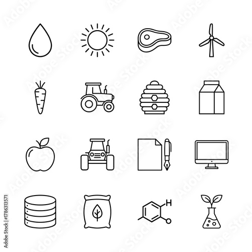 Agriculture, food, and technology line icon set. Vector pictograms of water drop, sun, steak, wind turbine, carrot, milk carton, apple, monitor, server, and plant flask, thin linear illustration.
