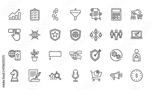 Business and marketing icon set. Vector pictograms of growth charts, checklists, financial documents, security shields, and communication tools, thin linear illustration.
