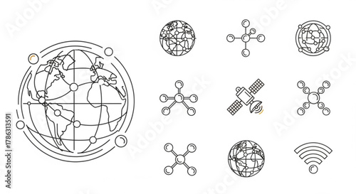 A collection of nine distinct line icons representing global connection, networking, and communication