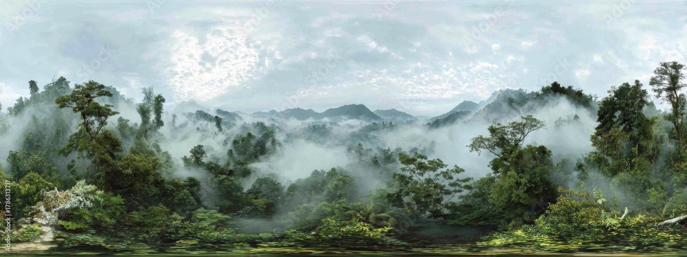 Obraz premium Serene View of a Dense Rainforest Canopy with Morning Mist and Lush Greenery Under a Softly Cloudy Sky