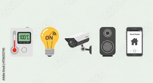 Illustration of smart home automation devices including thermostat, light bulb, security camera, speaker, and smartphone, representing home automation and technology