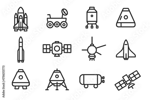 Vector space launcher probe rover icon module pace icons plane orbiting vehicle