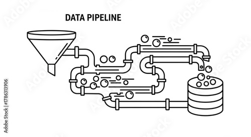 Data pipeline diagram illustrating the flow of information from input to database through interconnected pipes and processing stages
