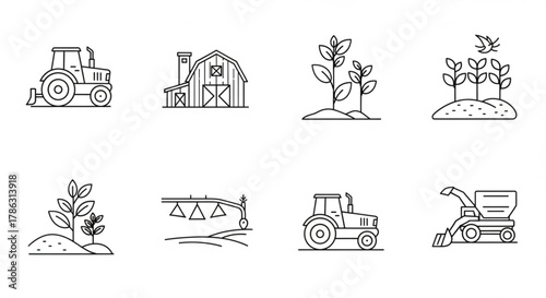 Set of agriculture icons featuring tractor, barn, plant growth, irrigation system, and forage harvester for farming and cultivation themes