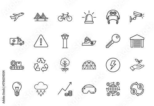 Mixed category line icon set. Vector pictograms of an airplane, bridge, bicycle, ambulance, security camera, key, recycling symbol, and growth chart, thin linear illustration.