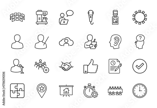 Business and office line icon set. Vector pictograms of coffee maker, microphone, water cooler, meeting, presenter, handshake, document, puzzle, and clock, thin linear illustration.